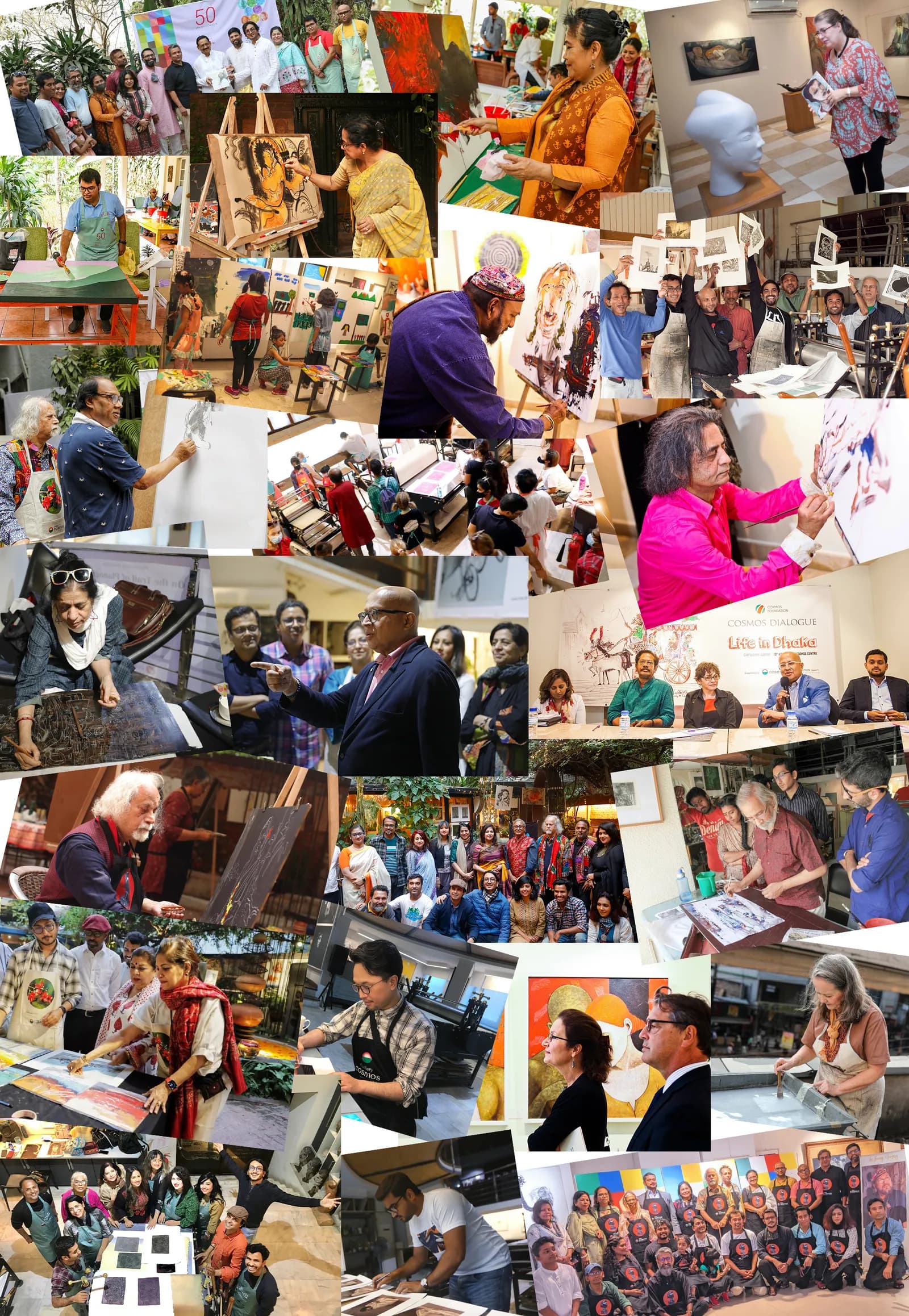 A montage of Gallery Cosmos programmes: workshops, art camps, printmaking sessions, talks, and group photographs of participating artists