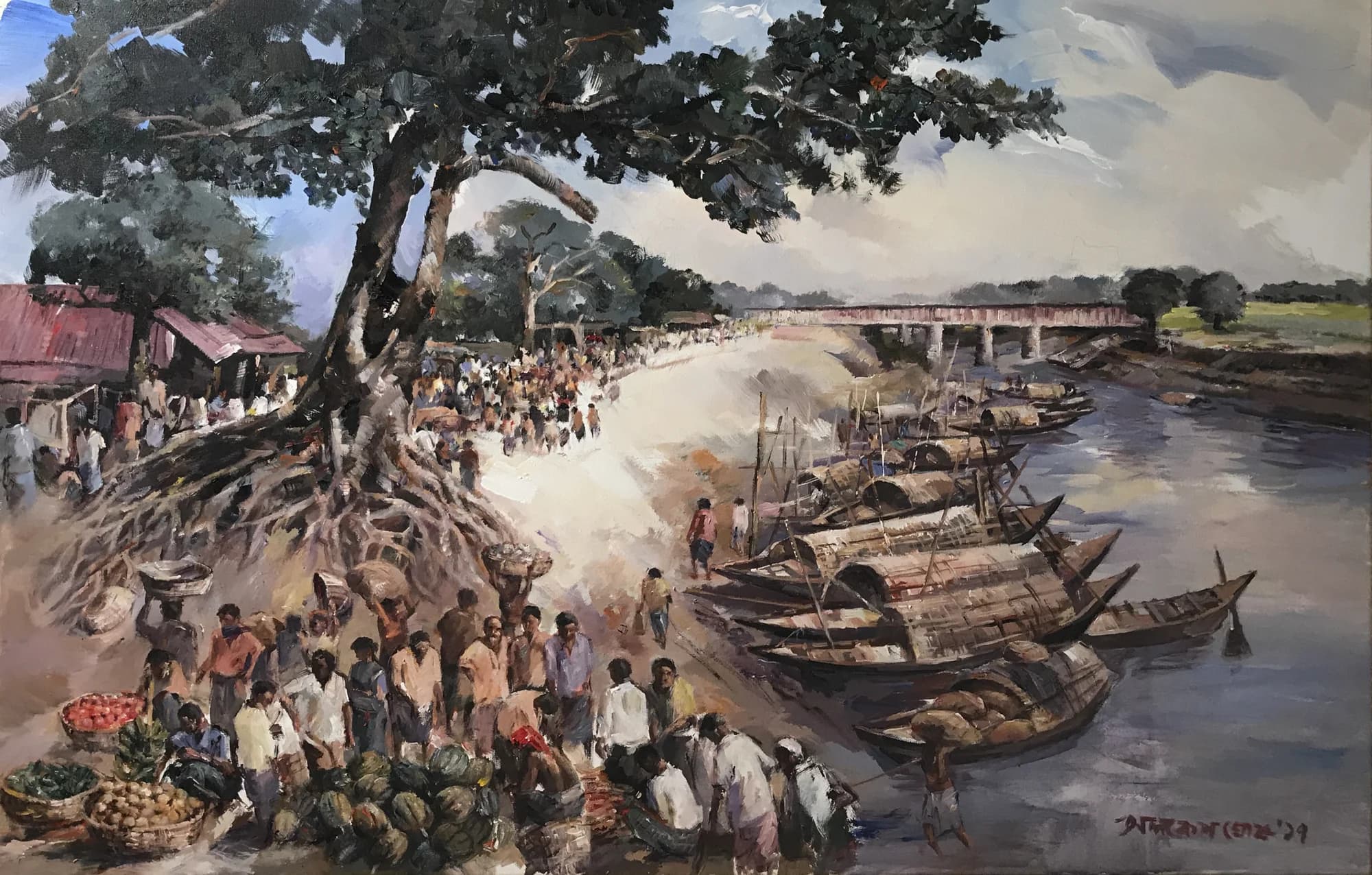 Untitled riverbank scene by Alakesh Ghosh with moored boats and a crowded ghat