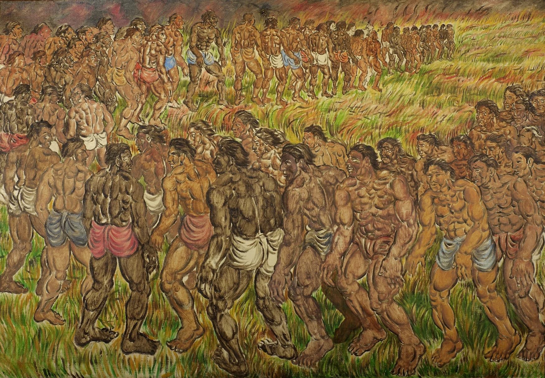 Painting by SM Sultan of a crowd of muscular figures moving through a field of grass