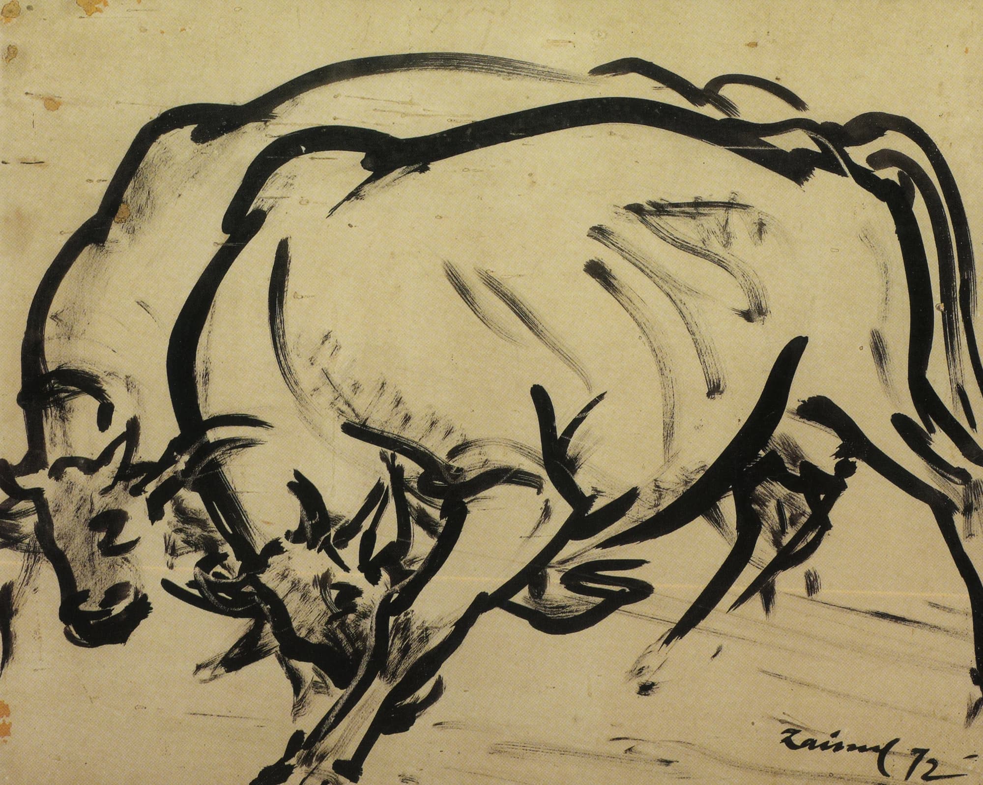 Brush and ink drawing of cattle by Zainul Abedin, signed and dated 1972