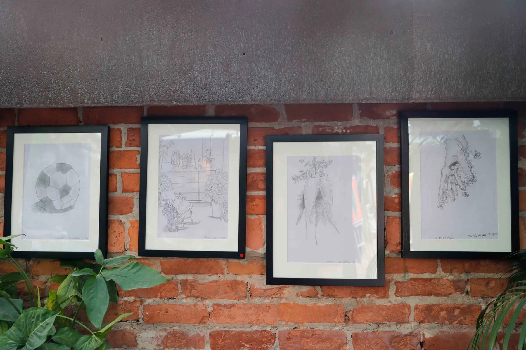 Framed drawings on the garden wall — Imagination, a presentation of work by Jamil Khan at Gallery Cosmos