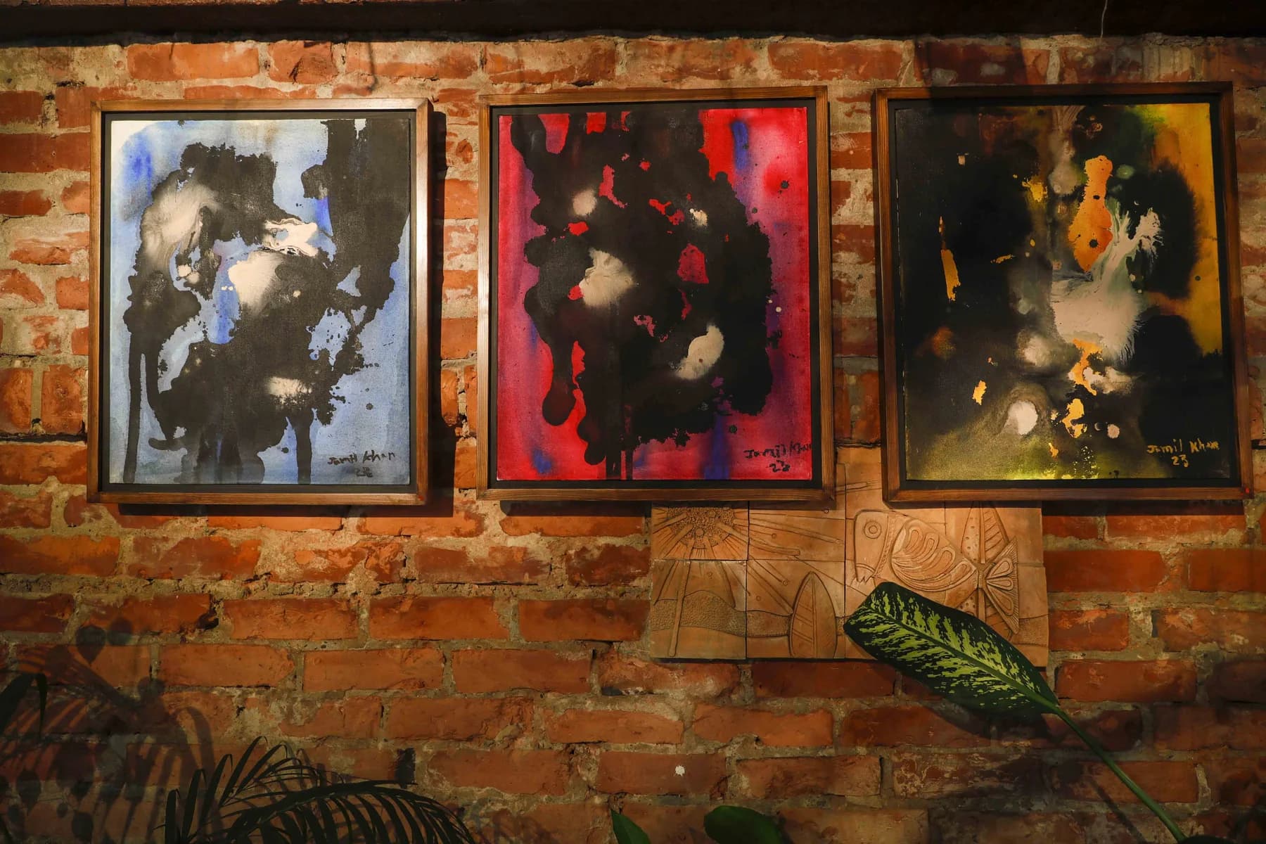 Framed abstractions on the brick wall — Inspiration, a solo exhibition by Jamil Khan at Gallery Cosmos