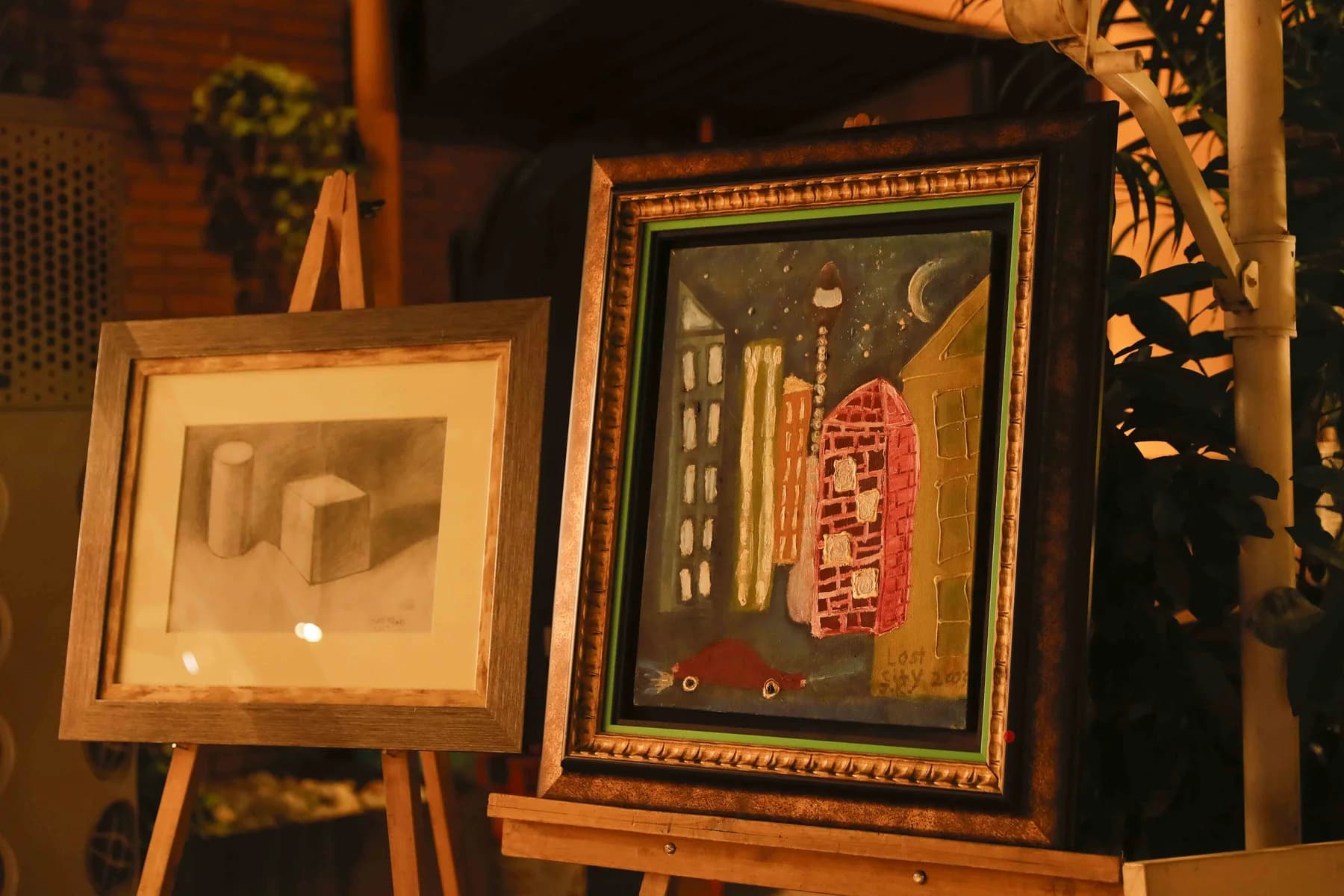 Framed works on easels — Inspiration, a solo exhibition by Jamil Khan at Gallery Cosmos