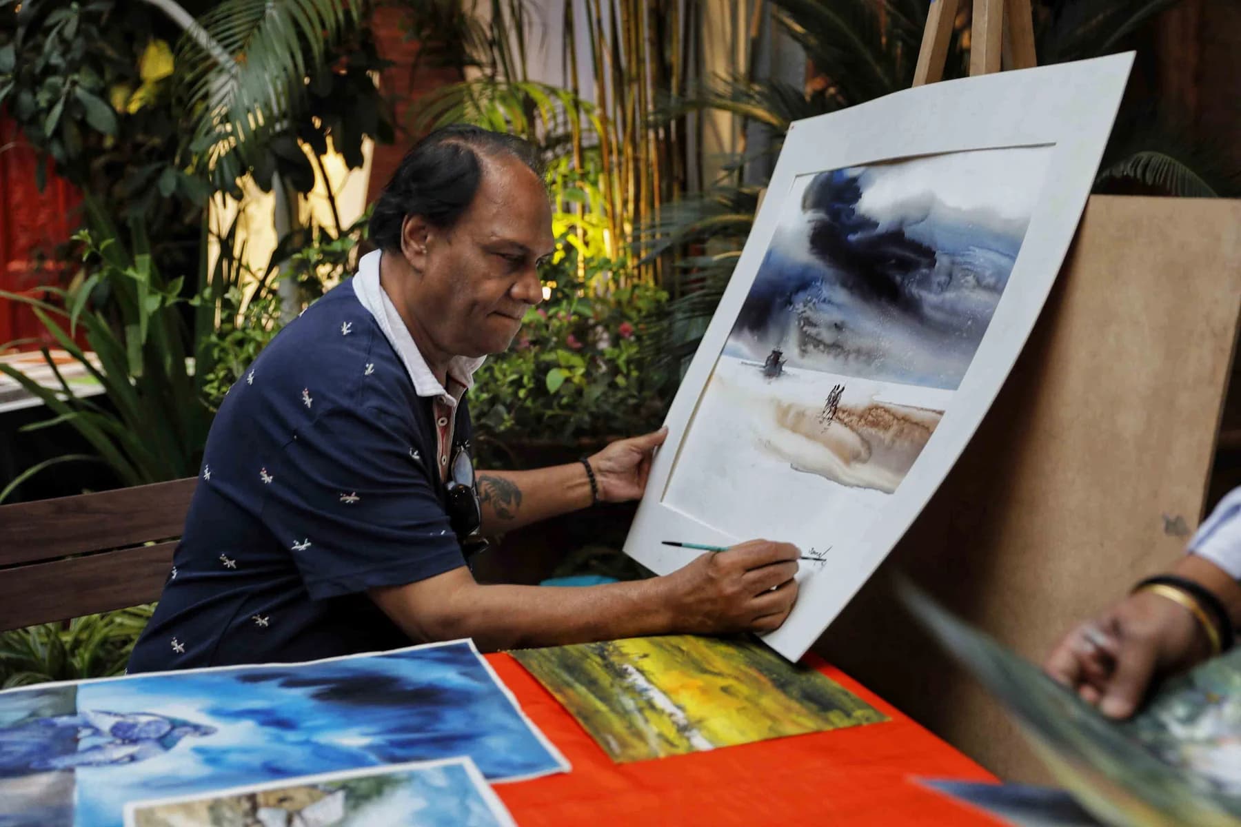 Working on a landscape watercolour — the Live Drawing and Exhibition day at Gallery Cosmos