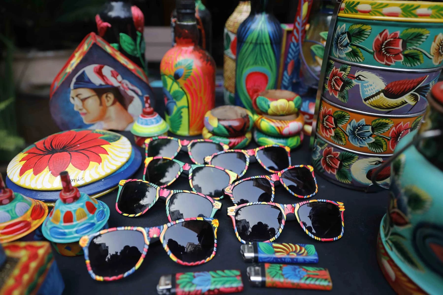 Painted pots, bottles, and household objects — Rickshaw Art Exhibition at Gallery Cosmos