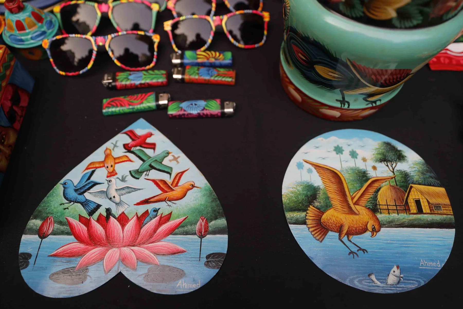 Heart-shaped painted panels — Rickshaw Art Exhibition at Gallery Cosmos